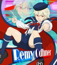 Rule 34 | 10s, 1boy, blonde hair, blouse, cape, character name, child, collared shirt, gunslinger stratos, hat, highres, male focus, red eyes, remy odhner, shirt, shoes, smile, socks, solo, spread legs, uniform, white shirt, yamamiya hiroshi