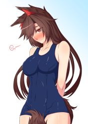 Rule 34 | 1girl, alternate costume, animal ears, arms behind back, between legs, blue one-piece swimsuit, blush, breasts, brown hair, closed mouth, collarbone, covered navel, cowboy shot, hair over one eye, imaizumi kagerou, long hair, mamedenchi, medium breasts, nose blush, one-piece swimsuit, red eyes, school swimsuit, solo, swimsuit, tail, tail between legs, touhou, wavy mouth, wolf ears, wolf tail