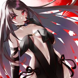 Rule 34 | 1girl, absurdres, belt, black hair, blood, blood on face, blood on hands, breasts, cleavage, fate/grand order, fate (series), highres, long hair, looking at viewer, red background, red eyes, red theme, ribbon, solo, stomach, takubon, vampire, very long hair, yu mei-ren (fate)