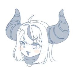 Rule 34 | 1girl, :d, ahoge, blush, collar, commentary request, demon horns, fangs, greyscale, head only, hololive, horns, la+ darknesss, lowres, metal collar, monochrome, multicolored hair, okota mikan, open mouth, simple background, smile, solo, streaked hair, virtual youtuber, white background