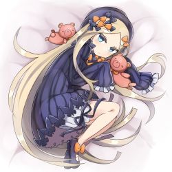 Rule 34 | 1girl, abigail williams (fate), bed sheet, black bow, black dress, black footwear, black hat, blonde hair, bloomers, blue eyes, blush, bow, bug, butterfly, closed mouth, dress, fate/grand order, fate (series), full body, hands in opposite sleeves, hat, insect, long hair, long sleeves, looking at viewer, looking to the side, lying, mary janes, ohitashi netsurou, on side, orange bow, polka dot, polka dot bow, shoes, solo, stuffed animal, stuffed toy, teddy bear, underwear, very long hair, white bloomers