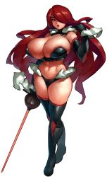 Rule 34 | 1girl, adapted costume, alternate breast size, bare shoulders, black thighhighs, breasts, cleavage, commentary, curvy, detached collar, elbow gloves, gloves, hair over one eye, highres, huge breasts, kirijou mitsuru, lipstick, looking at viewer, makeup, navel, persona, persona 3, rapier, red eyes, red hair, simple background, skindentation, solo, sword, thighhighs, weapon, white background, wide hips, zako (arvinry)