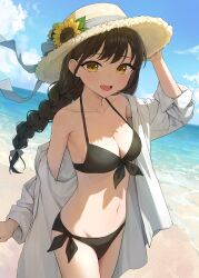 Rule 34 | 1girl, absurdres, arm up, bare shoulders, beach, bikini, black bikini, black hair, braid, collarbone, commentary, cowboy shot, day, flower, front-tie bikini top, front-tie top, halterneck, hat, hat flower, highres, jacket, long hair, looking at viewer, navel, off shoulder, open clothes, open jacket, open mouth, original, outdoors, side-tie bikini bottom, single braid, smile, solo, standing, stomach, straw hat, string bikini, sun hat, sunflower, swimsuit, takenoko no you, thighs, white jacket, yellow eyes
