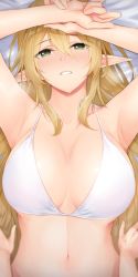 Rule 34 | 1girl, anza tomo, armpits, arms up, bare shoulders, bikini, bikini top only, blonde hair, blush, breasts, cleavage, elf, green eyes, hair between eyes, highres, large breasts, long hair, looking at viewer, navel, original, parted lips, pointy ears, smile, solo focus, swimsuit, white bikini