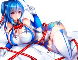 Rule 34 | 1girl, azur lane, black panties, blue hair, blush, breasts, cleavage, elbow gloves, gloves, highres, large breasts, lying, monotosu, mouth hold, on side, panties, pink eyes, ribbon, solo, st. louis (azur lane), thighhighs, underwear, white gloves, white thighhighs