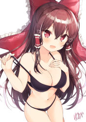 Rule 34 | 1girl, :d, absurdres, artist name, bare arms, bare shoulders, bikini, black bikini, blush, bow, breasts, brown hair, commentary request, cowboy shot, frilled bow, frills, hair between eyes, hair bow, hair tubes, hakurei reimu, hand on own chest, hands up, heart, heart-shaped pupils, highres, large breasts, long hair, looking at viewer, navel, nenobi (nenorium), open mouth, red bow, red eyes, signature, simple background, smile, solo, standing, stomach, strap pull, swimsuit, symbol-shaped pupils, thighs, touhou, very long hair, white background