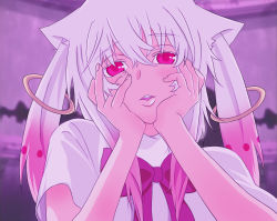 Rule 34 | 10s, 1girl, bow, eyebrows, gasai yuno, gradient hair, hair between eyes, hands on own cheeks, hands on own face, kuroi (4378200), kyubey, mahou shoujo madoka magica, mahou shoujo madoka magica (anime), mirai nikki, multicolored hair, parted lips, personification, pink hair, red eyes, solo, white hair, yandere trance