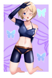Rule 34 | 1girl, ;o, absurdres, asymmetrical clothes, barefoot, blonde hair, blue eyes, blush, breasts, bug, butterfly, cleavage, collarbone, commentary request, commission, elbow gloves, full body, gloves, highres, himura moritaka, insect, looking at viewer, lupin iii, medium breasts, midriff, navel, one eye closed, partial commentary, pixiv commission, rebecca lambert, short hair, shorts, solo, v