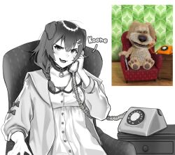 Rule 34 | 1girl, aa2mee, animal connection, animal ears, antique phone, black collar, black eyes, bone hair ornament, braid, cartoon bone, collar, commentary, dog ears, dog girl, double-parted bangs, dress, english commentary, greyscale, hair between eyes, hair ornament, highres, holding, holding phone, hololive, inugami korone, inugami korone (1st costume), jacket, looking at viewer, low twin braids, monochrome, on chair, phone, photo-referenced, reference photo, simple background, sitting, talking on phone, twin braids, upper body, virtual youtuber, white background, white dress, white jacket