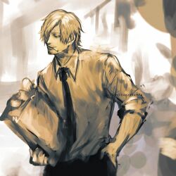 Rule 34 | 1boy, artist name, bag, black necktie, cigarette, curly eyebrows, facial hair, goatee, hair over one eye, highres, holding, holding bag, male focus, mouth hold, necktie, one eye covered, one piece, open mouth, sanji (one piece), shirt, short hair, smoke, solo, teeth, tsuyomaru, twitter username