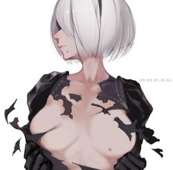 Rule 34 | 1girl, black dress, black gloves, blindfold, breasts, collarbone, convenient censoring, dress, gloves, lips, looking to the side, medium breasts, mole, mole on breast, mole under mouth, nier (series), nier:automata, peeled apple, profile, short hair, silver hair, simple background, solo, tearing clothes, torn clothes, upper body, white background, 2b (nier:automata)