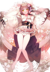 Rule 34 | artist name, azur lane, bare legs, barefoot, blush, bow, brown hair, cameltoe, collarbone, commission, detached sleeves, flower, frilled skirt, frilled sleeves, frills, full body, hair bow, hair flower, hair ornament, harutsuki (a dance for the coming spring) (azur lane), harutsuki (azur lane), japanese clothes, kanzashi, kimono, kimono skirt, long sleeves, moo (umineko), obi, obijime, panties, pink bow, pink kimono, pom pom (clothes), sash, second-party source, sidelocks, signature, skirt, thighs, toes, underwear, white panties, wide sleeves, yellow eyes