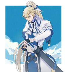 Rule 34 | 1boy, alternate hair length, alternate hairstyle, belt, black belt, black gloves, blonde hair, blue eyes, blue sky, blue tabard, blue trim, border, buttons, capelet, chin, cloud, collared capelet, collared jacket, commentary, fingerless gloves, gloves, guilty gear, guilty gear xrd, hand on hilt, high ponytail, highres, jacket, ky kiske, long hair, narrowed eyes, open mouth, ranko no ane, sheath, sheathed, sky, sword, tabard, two-tone gloves, very long hair, weapon, white border, white capelet, white gloves, white jacket