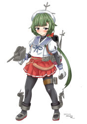 Rule 34 | 1girl, adapted turret, black pantyhose, blue sailor collar, brown eyes, cannon, commentary request, depth charge, full body, gloves, green hair, hat, highres, kantai collection, layered sleeves, long hair, long sleeves, low ponytail, machinery, noumi (kancolle), pantyhose, pleated skirt, puffy short sleeves, puffy sleeves, red skirt, sailor collar, sailor hat, sailor shirt, senon, shirt, short over long sleeves, short sleeves, simple background, skirt, solo, thigh strap, turret, undershirt, white background, white gloves, white hat, white shirt