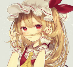 Rule 34 | 1girl, :3, ascot, blonde hair, closed mouth, fake facial hair, fake mustache, fingernails, flandre scarlet, grey background, hands up, hat, hat ribbon, highres, holding, holding own hair, long hair, looking at viewer, mob cap, nail polish, one side up, pointy ears, puffy short sleeves, puffy sleeves, red eyes, red ribbon, red vest, ribbon, short sleeves, simple background, smile, solo, touhou, upper body, vest, white hat, wings, wrist cuffs, yedan999, yellow ascot