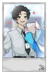 Rule 34 | 1boy, 1girl, arona (blue archive), black eyes, black hair, black necktie, blue archive, blue archive the animation, blue hair, blush, collared shirt, dated, highres, holding, holding paper, id card, long sleeves, necktie, oddman1234, open mouth, paper, sensei (blue archive), sensei (blue archive the animation), shirt, short hair, smile, white shirt