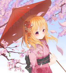 Rule 34 | 1girl, absurdres, blonde hair, blush, breasts, cherry blossoms, closed mouth, floral print, flower, hair flower, hair ornament, hanami, hands up, highres, holding, holding umbrella, japanese clothes, kimono, looking at viewer, medium hair, oil-paper umbrella, original, pla0658, red eyes, red flower, red umbrella, small breasts, smile, solo, umbrella