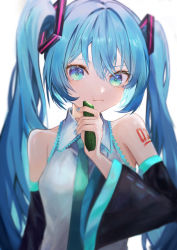 Rule 34 | 1girl, :t, absurdres, aqua eyes, aqua necktie, bare shoulders, black sleeves, blue hair, blue nails, collared shirt, cucumber, detached sleeves, eating, food, grey shirt, hatsune miku, highres, holding, holding food, long hair, long sleeves, looking at viewer, nail polish, necktie, number tattoo, power symbol, power symbol-shaped pupils, shirt, shoulder tattoo, simple background, solo, symbol-shaped pupils, tattoo, twintails, upper body, very long hair, vocaloid, white background, yukihira makoto