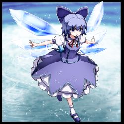 Rule 34 | 1girl, alternate costume, black border, blue bow, blue eyes, blue footwear, blue hair, blue skirt, blue vest, border, bow, cirno, frilled skirt, frills, full body, hair between eyes, hair bow, ice, ice background, ice wings, kikoka (mizuumi), layered skirt, looking at viewer, matching hair/eyes, neck ribbon, open mouth, outstretched arms, puffy short sleeves, puffy sleeves, red ribbon, ribbon, shirt, shoes, short hair, short sleeves, skirt, solo, spread arms, touhou, vest, white legwear, white shirt, white skirt, wings