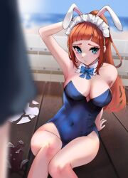 Rule 34 | 1girl, alternate costume, animal ears, bad anatomy, bare shoulders, blue bow, blue bowtie, blue eyes, blue leotard, bow, bowtie, breasts, broken cup, broken plate, brown hair, cleavage, closed mouth, commentary, covered navel, detached collar, english commentary, fake animal ears, felicia (fire emblem), fire emblem, fire emblem fates, highleg, highleg leotard, highres, leatzche, leotard, long hair, maid headdress, medium breasts, nintendo, on floor, plate, playboy bunny, ponytail, rabbit ears, sitting, solo, strapless, strapless leotard, thighs