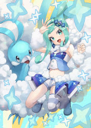 Rule 34 | 1girl, :d, altaria, arm warmers, bare shoulders, blue footwear, blush, boots, buttons, commentary request, creatures (company), eyelashes, game freak, gen 3 pokemon, green eyes, green hair, highres, idol, lisia (pokemon), looking at viewer, navel, nintendo, open mouth, pokemon, pokemon (creature), pokemon oras, shorts, shorts under skirt, showgirl skirt, single thighhigh, smile, sparkle, striped clothes, striped thighhighs, thighhighs, tongue, yamanashi taiki