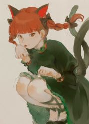 Rule 34 | 1girl, animal ears, black footwear, bow, braid, cat ears, cat tail, dress, extra ears, green dress, hair bow, kaenbyou rin, kagari (kgr 000), licking, licking hand, long hair, looking at viewer, multiple tails, nekomata, red eyes, red hair, shoes, simple background, smile, solo, tail, tongue, tongue out, touhou, twin braids, two tails
