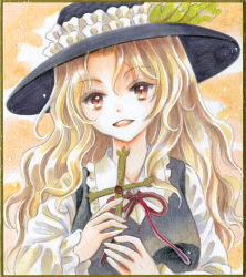 Rule 34 | 1girl, black hat, black vest, blonde hair, breasts, collared shirt, cross, extra, frilled hat, frilled shirt collar, frills, hajike akira, hat, hat feather, highres, holding, holding cross, jacket girl (dipp), long sleeves, red neckwear, red ribbon, ribbon, shirt, small breasts, touhou, traditional media, upper body, vest, wavy hair, white shirt, yellow eyes