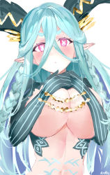 Rule 34 | 1girl, 7give, absurdres, aqua hair, bad id, bad pixiv id, blush, braid, breasts, chain, cleavage, closed mouth, crossed bangs, fate/grand order, fate (series), gloves, green gloves, hair between eyes, hands on own chest, highres, horns, large breasts, long hair, long horns, looking at viewer, navel, pink eyes, pointy ears, sidelocks, simple background, solo, stomach tattoo, striped clothes, striped gloves, symbol-shaped pupils, tattoo, tiamat (fate), very long hair, white background