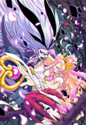 Rule 34 | 1boy, 1girl, absurdres, angry, battle, black bodysuit, blonde hair, bodysuit, bow, bow choker, brooch, choker, close (go! princess precure), colored tongue, cure flora, cure flora (grand princess), dress, earrings, eyeshadow, flower earrings, glaring, gloves, go! princess precure, green eyes, green tongue, grey hair, haruno haruka, heart wand, highres, holding, holding staff, itou shin&#039;ichi, jewelry, long hair, looking at another, magical girl, makeup, multicolored hair, pale skin, pink bow, pink hair, plant, pointy ears, precure, puffy sleeves, red eyeshadow, ribbon, sharp teeth, short dress, staff, teeth, two-tone hair, vines, white choker, white dress, white gloves, white ribbon, wide-eyed