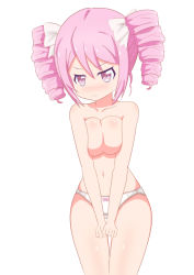 Rule 34 | 1girl, blush, breasts, cleavage, closed mouth, drill hair, hair ornament, hair ribbon, highres, jashin-chan dropkick, large breasts, medium breasts, navel, no bra, panties, pink hair, pino (jashin-chan dropkick), red eyes, ribbon, simple background, solo, standing, topless, twin drills, underwear, white background, white panties