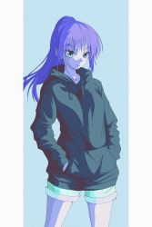 Rule 34 | 1girl, absurdres, alternate costume, bad id, bad twitter id, baggy clothes, black hoodie, breasts, casual, contemporary, enoki (gongindon), expressionless, feet out of frame, green eyes, hands in pockets, highres, hood, hoodie, hunter x hunter, looking at viewer, machi komacine, medium breasts, purple hair, short hair, shorts, simple background, solo