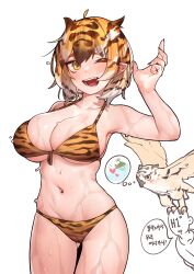 Rule 34 | 1boy, 1girl, ;d, absurdres, ahoge, arm up, armpits, bare shoulders, bikini, bird, black nails, breasts, brown bikini, brown hair, cleavage, collarbone, cowboy shot, gluteal fold, highres, large breasts, looking at viewer, messy hair, multicolored hair, nail polish, navel, one eye closed, open mouth, orange hair, pointy ears, sangobob, shirt, short hair, smile, solo focus, stomach, striped bikini, striped clothes, swimsuit, thigh gap, white shirt, yellow eyes