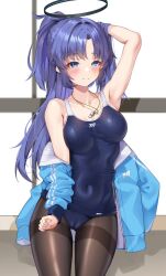 Rule 34 | 1girl, arm up, armpits, bare shoulders, black halo, black pantyhose, blue archive, blue eyes, blush, breasts, cameltoe, covered navel, gluteal fold, groin, halo, highres, jacket, jacket partially removed, lanyard, light smile, long hair, long sleeves, looking at viewer, matrix16, medium breasts, pantyhose, pantyhose under swimsuit, parted bangs, purple hair, school swimsuit, solo, star sticker, sticker on face, swimsuit, thighband pantyhose, thighs, two side up, yuuka (blue archive)