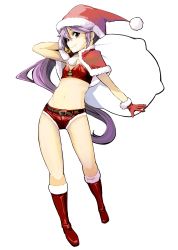 Rule 34 | 10s, 1girl, akebono (kancolle), bell, belt, boots, full body, fur-trimmed boots, fur trim, gloves, hair bell, hair ornament, hat, highres, jingle bell, kantai collection, knee boots, long hair, momo (higanbana and girl), navel, purple eyes, purple hair, red footwear, red gloves, sack, santa boots, santa costume, santa hat, simple background, solo, white background