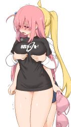 Rule 34 | 2girls, ahoge, black shirt, black skirt, blonde hair, blush, bocchi the rock!, bra, breasts, commentary request, cube hair ornament, gotoh hitori, grabbing, grabbing another&#039;s breast, grabbing from behind, hair ornament, highres, holding, holding bra, holding clothes, holding underwear, ijichi nijika, kogaku kazuya, large breasts, long hair, long sleeves, multiple girls, one side up, open mouth, panties, pink bra, pink hair, pink panties, shirt, short sleeves, side ponytail, simple background, skirt, standing, t-shirt, thighs, underwear, white background, white shirt, yuri