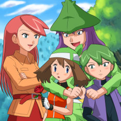 Rule 34 | 2boys, 2girls, :d, :o, alternate costume, arm around neck, bandana, belt, belt pouch, blue eyes, blush, brown hair, cloud, coat, couple, creatures (company), crossed arms, day, drew (pokemon), embarrassed, flower, game freak, gloves, green hair, harley (pokemon), hat, holding, hug, hug from behind, long hair, long sleeves, looking at another, lowres, may (pokemon), mountain, multiple boys, multiple girls, nintendo, open clothes, open mouth, open shirt, outdoors, pants, pokemoa, pokemon, pokemon (anime), pokemon rse (anime), pouch, purple hair, red flower, red hair, red rose, rose, shirt, short hair, short sleeves, sky, smile, solidad (pokemon), swept bangs, tree