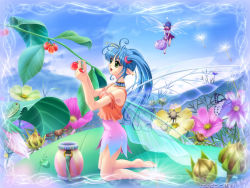 Rule 34 | 2girls, antennae, bare shoulders, barefoot, berry, blue hair, bug, butterfly, caterpillar, choker, commentary request, copyright request, dandelion, fairy, flower, green eyes, harvest, insect, kneeling, long hair, mini person, minigirl, multiple girls, nature, pointy ears, r&#039;l, skirt, smile, twintails, wings