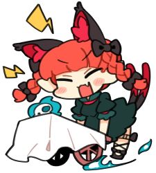 Rule 34 | 1girl, animal ears, black footwear, blush, braid, cat ears, cat tail, closed eyes, dress, fang, flaming skull, full body, green dress, ini (inunabe00), kaenbyou rin, long hair, multiple tails, open mouth, red hair, shoes, short sleeves, simple background, skin fang, skull, smile, solo, tail, touhou, twin braids, two tails, white background