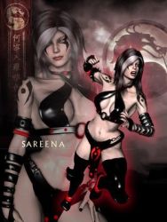 Rule 34 | 1girl, artist request, breasts, fingerless gloves, gloves, goth fashion, lipstick, lowres, makeup, mortal kombat (series), multicolored hair, navel, sareena, solo, tattoo, thighhighs, yellow eyes