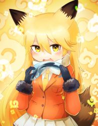 Rule 34 | 10s, 1girl, animal ears, blonde hair, blush, breast pocket, ezo red fox (kemono friends), fang, fox ears, fox tail, kemono friends, long hair, looking at viewer, necktie, open mouth, pocket, saebashi, signature, solo, tail, teeth, yellow eyes, yellow necktie