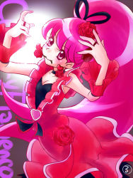 Rule 34 | 10s, 1girl, aino megumi, alternate form, brooch, character name, choker, cure lovely, cure lovely (cherry flamenco), dress, english text, flower, frills, hair flower, hair ornament, happinesscharge precure!, heart, heart brooch, jewelry, kasuga rurito, long hair, magical girl, mouth hold, pink eyes, pink hair, ponytail, precure, red dress, red flower, red rose, rose, smile, solo, wide ponytail, wrist cuffs