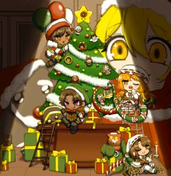 2boys 3girls brown_hair character_doll christmas_nightmare_(e.g.o) christmas_tree dante_(limbus_company) dark-skinned_female dark-skinned_male dark_skin dog don_quixote_(project_moon) e.g.o_(project_moon) faust_(project_moon) gnome_(project_moon) gregor_(project_moon) hat heathcliff_(project_moon) highres holiday_(e.g.o) hong_lu_(project_moon) ishmael_(project_moon) ladder limbus_company long_hair meursault_(project_moon) mini_person miniboy mob_cap multiple_boys multiple_girls nra_3614 one_eye_closed open_mouth orange_hair outis_(project_moon) peppermint plant potted_plant project_moon rodion_(project_moon) ryoshu_(project_moon) schnauzer short_hair sidelocks sinclair_(project_moon) sparkling_eyes star_(symbol) very_long_hair white_hat yellow_eyes yi_sang_(project_moon)