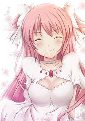 Rule 34 | 10s, 1girl, ^ ^, backlighting, blush, bow, breasts, choker, cleavage, cleavage cutout, closed eyes, clothing cutout, collarbone, euforia, hair bow, kaname madoka, long hair, magical girl, mahou shoujo madoka magica, mahou shoujo madoka magica (anime), pink hair, short sleeves, smile, solo, two side up, ultimate madoka, upper body, very long hair, white background