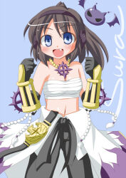Rule 34 | 1girl, :d, bare shoulders, bead necklace, beads, black gloves, black hair, black pants, blue eyes, breasts, character name, chest sarashi, cleavage, clenched hands, collarbone, elbow gloves, fang, gloves, hairband, hands up, jewelry, kikkawa (citrus fruits), blue background, looking at viewer, medium breasts, medium hair, navel, necklace, open mouth, pants, ponytail, purple hairband, ragnarok online, sarashi, smile, solo, sura (ragnarok online)