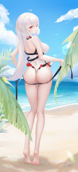 Rule 34 | 1girl, absurdres, ahoge, ass, bare arms, bare legs, bare shoulders, barefoot, beach, belt, black belt, breasts, closed mouth, cloud, commentary request, day, earrings, from behind, full body, hair between eyes, highres, holding, jewelry, large breasts, legs, liu liaoliao, long hair, looking at viewer, looking back, ocean, one-piece swimsuit, original, outdoors, palm leaf, pixiv id, red eyes, signature, solo, standing, swimsuit, thong one-piece swimsuit, tiptoes, very long hair, water, white hair, white one-piece swimsuit