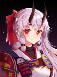 Rule 34 | 1girl, absurdres, armor, bad id, bad pixiv id, blush, breasts, fate/grand order, fate (series), hair between eyes, hair ribbon, headband, highres, horns, japanese armor, japanese clothes, kimono, long hair, looking at viewer, mariial, oni horns, ponytail, red eyes, ribbon, silver hair, smile, solo, tomoe gozen (fate), upper body, very long hair, white kimono