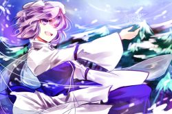 Rule 34 | 1girl, armband, blue skirt, breasts, collared shirt, cowboy shot, hair over one eye, hat, kutsuki kai, letty whiterock, long sleeves, open mouth, outstretched arms, outstretched hand, purple eyes, purple hair, scarf, shirt, skirt, smile, snow, snowflakes, snowing, solo, touhou, tree, vest, wide sleeves, wind