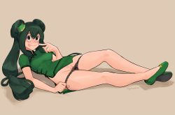 Rule 34 | 1girl, alternate hairstyle, asui tsuyu, bare legs, black eyes, blush, boku no hero academia, bow-shaped hair, breasts, brown panties, china dress, chinese clothes, cleft of venus, clothes lift, commission, double bun, dress, female pubic hair, finger to cheek, fingernails, flashing, flats, frog girl, frog hair ornament, full body, green dress, green footwear, green hair, hair bun, hair ornament, lace, lace panties, lingerie, long hair, long legs, low-tied long hair, lying, medium breasts, narrow waist, nose blush, on back, panties, panty pull, pelvic curtain, pelvic curtain lift, pubic hair, pulled by self, pussy, short dress, side slit, solo, squeezable (squeezabledraws), thighs, tongue, tongue out, twintails, uncensored, underwear