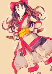 1girl ainu_clothes black_hair boots breasts brown_eyes fingerless_gloves gloves hair_ribbon highres legs long_hair looking_at_viewer nakoruru pants ribbon samurai_spirits serious small_breasts snk solo the_king_of_fighters the_king_of_fighters_xv thighs weapon