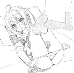 Rule 34 | 1girl, ahoge, blush, closed mouth, clothes pull, full-face blush, greyscale, hair between eyes, hair ornament, hair scrunchie, indoors, legs up, long hair, looking at viewer, lying, monochrome, on back, on bed, open clothes, original, panties, panty pull, pillow, pleated skirt, school uniform, scrunchie, serafuku, shirt pull, side ponytail, sketch, skirt, solo, thighs, underwear, undressing, zero (miraichizu)